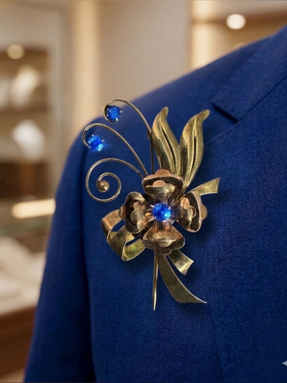 1940’s Harry Iskin Gold Floral Brooch with Blue Accents Vintage 3059